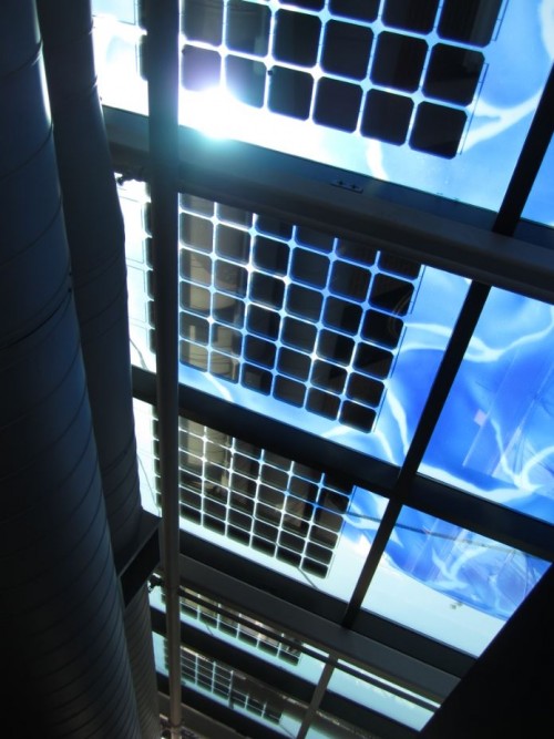 Interior view of the West-facing BIPV skylight incorporating the permanent art installation © Veronique Delisle (NRCan)